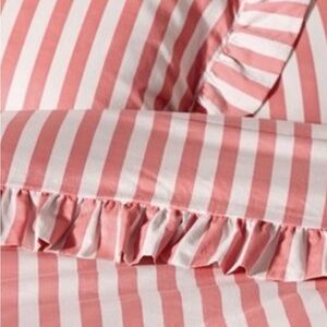 Anthropologie Pink White Stripe Ruffle Pillow Shams Standard Queen Set of 2 NEW